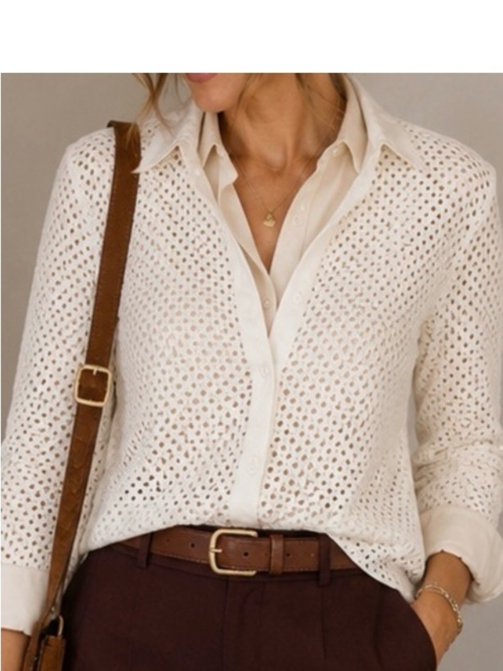 ACA White Eyelet Lace button front‎ blouse
